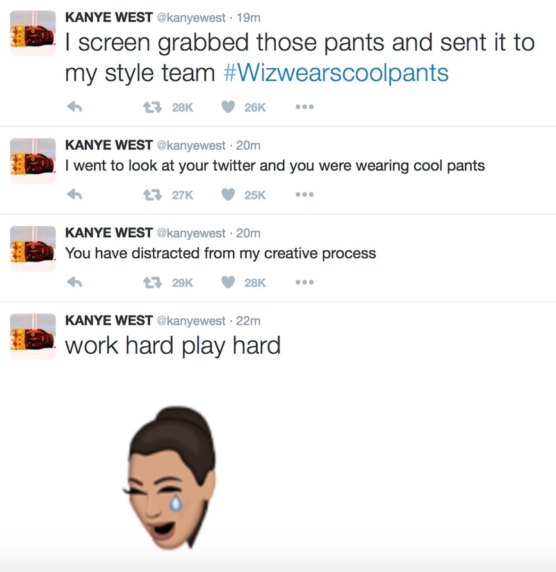 Illustration for article titled Kanye West attacks Wiz Khalifa on Twitter, still respects his pants game